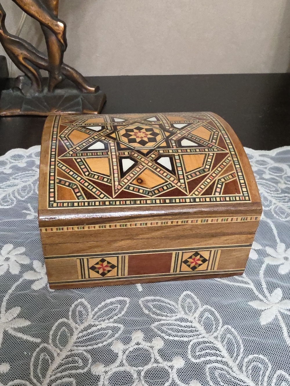 Vtg 1970 Made In Spain Wood Inlaid Decorative Jewelry Box - Brown, Tan & Black